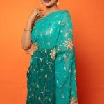 Teal Ombre Pure Chiffon Saree | All Over Aari Tari Zardozi & Cutt Work | Jaipurio Designer Collection